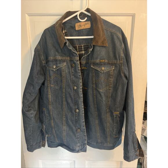 Wrangler Other - Wrangler Mens Jacket M Tall Blue Denim Brown Corduroy Collar Plaid Lined Western